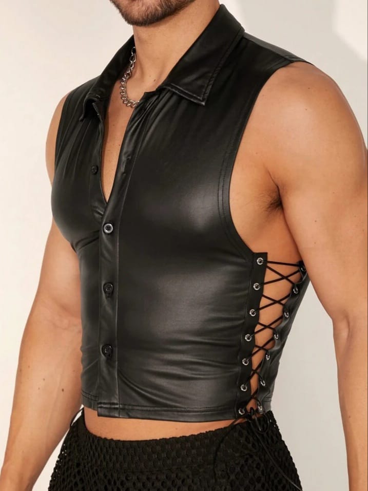 Men's Solid Color Lace Binding PU Leather tank Top